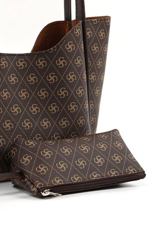 Monogram Brown SHK108 Faux Leather Women Hand And Shoulder Bag With Wallet And Makeup Bag
