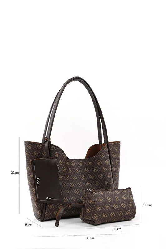 Monogram Brown SHK108 Faux Leather Women Hand And Shoulder Bag With Wallet And Makeup Bag